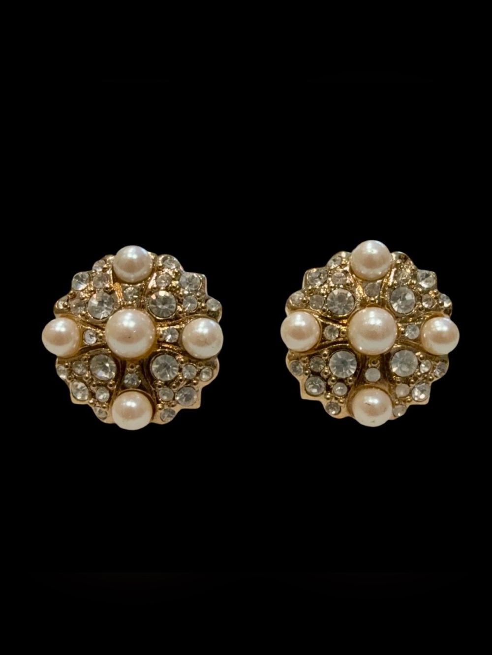 Vintage Signed Givenchy Faux Pearl & Rhinestone GoldTone Clip On Earrings .75”